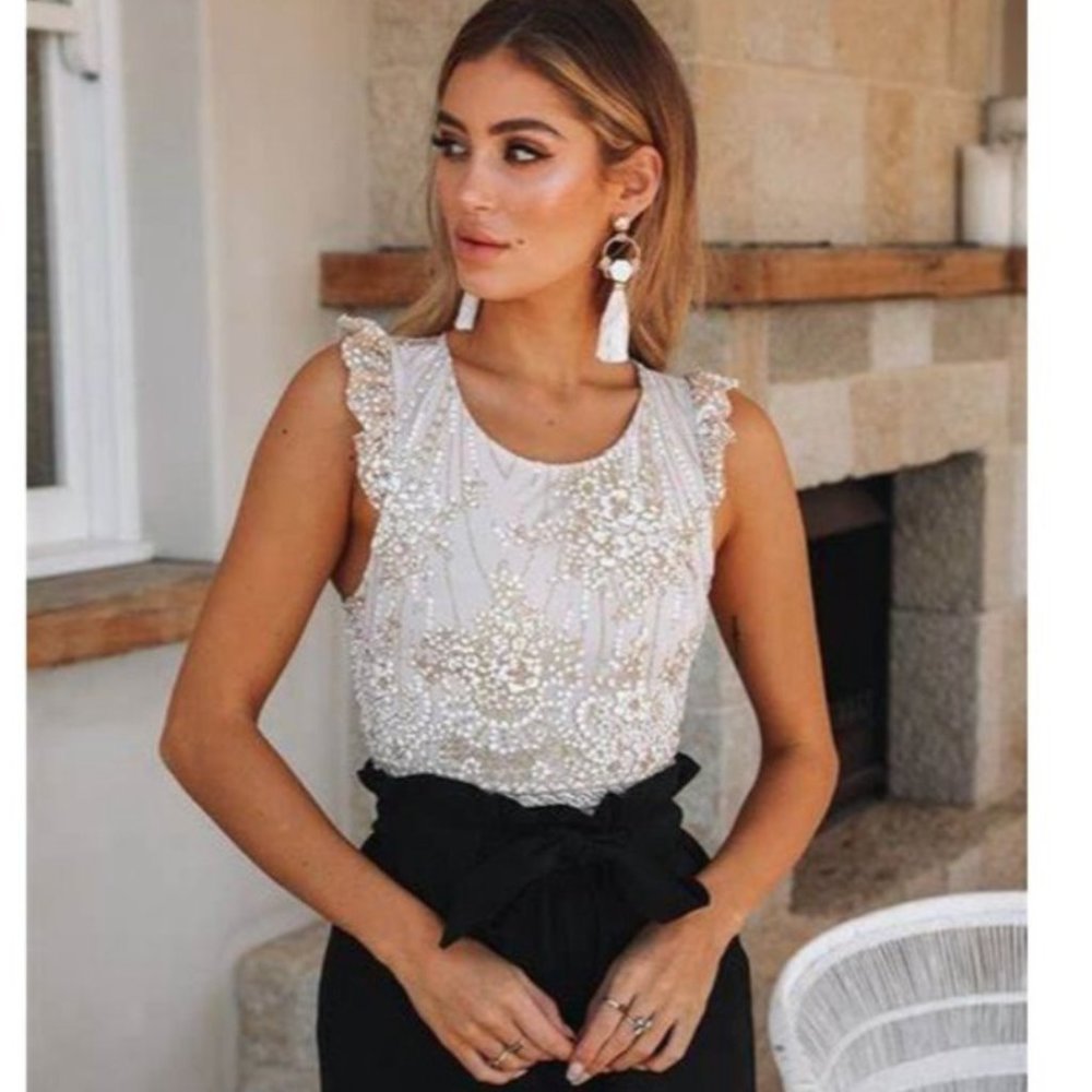 Hello Molly Look At You Bodysuit Champagne Glitter Womens Medium Lace Up Back
